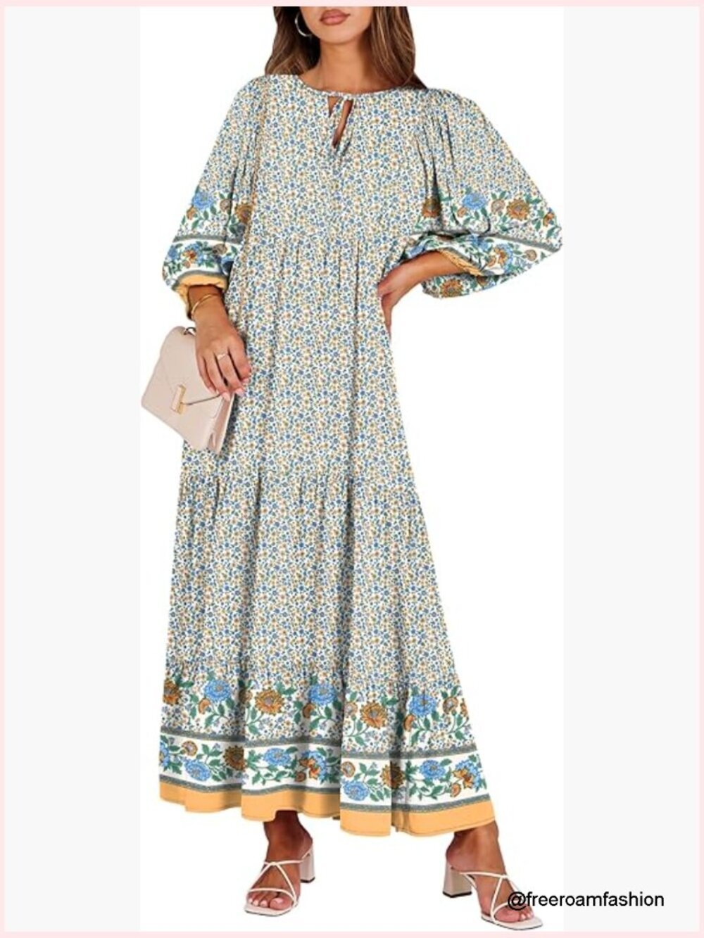 Boho Maxi Dress with Puff Sleeves V Neck Flowy Swing Casual Long Dress